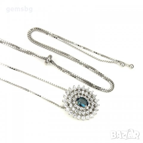Сребърен накит с естествен Лондоснко син топаз и циркони, снимка 3 - Колиета, медальони, синджири - 22119381
