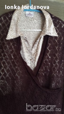 Сатенена блуза с кафява жилетка, размер Л, снимка 2 - Блузи с дълъг ръкав и пуловери - 18188555