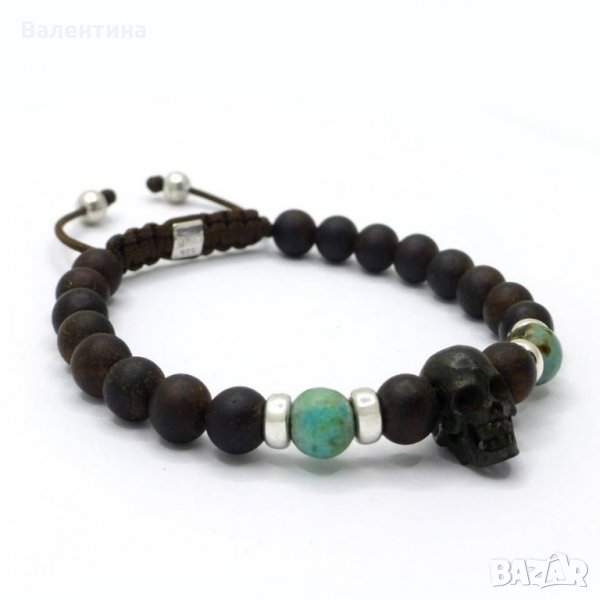 НАМАЛЕНА! Гривна от мъниста от дърво, африкански тюркоаз, череп от рог и сребърни елементи+ ПОДАРЪК, снимка 1