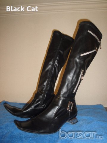 Италиански черни кожени дамски ботуши, с декоративни ципове, естествена кожа, зимни обувки, чизми, снимка 14 - Дамски ботуши - 19758410