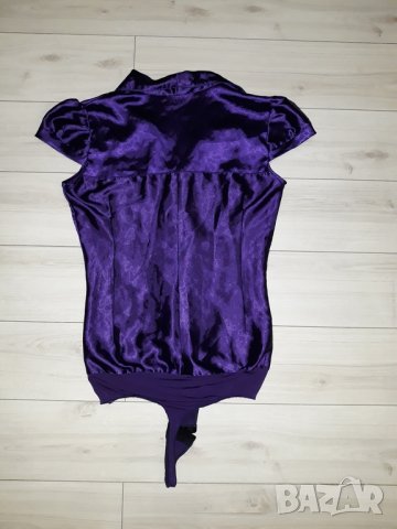 Лилава дамска сатенена риза - боди, с къс ръкав, снимка 2 - Ризи - 24023647