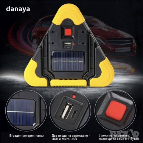 1045 Работна лампа авариен триъгълник къмпинг фенер COB прожектор със соларен панел, снимка 9 - Аксесоари и консумативи - 26091080