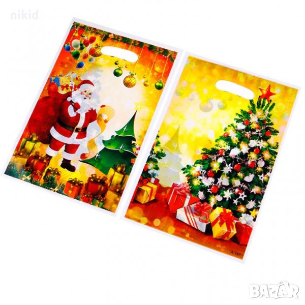 10 бр Двустранни  Коледни Дядо Коледа с чувал и Елха торбички за сладки подарък, снимка 1