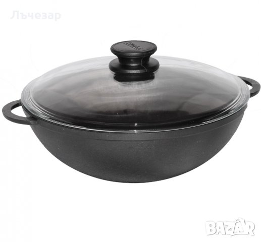 Чугунен WOK тиган (тенджера) със стъклен капак, 3л-5л