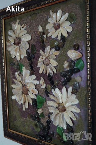 Картина Цветя с миди, седеф,раковини, морски пясък,камъчета, снимка 5 - Картини - 26105329