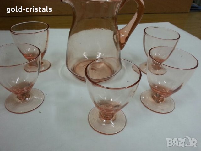 стари стъклени чаши и кана за ракия розово стъкло, снимка 5 - Антикварни и старинни предмети - 25134680