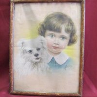 20-те Антикварна Цветна Литография "Дете с куче" Германия, снимка 5 - Антикварни и старинни предмети - 24700810