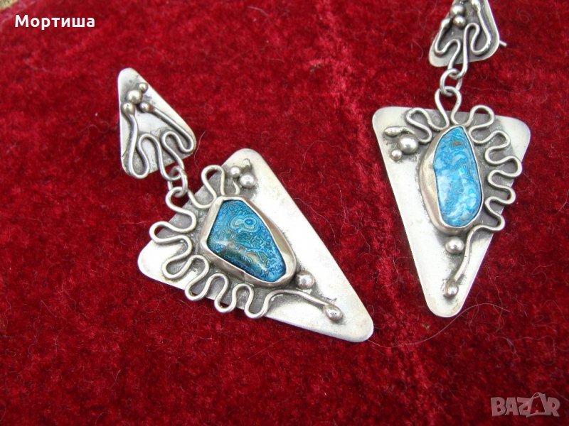  Авторски сребърни обеци с естествен тюркоаз , снимка 1