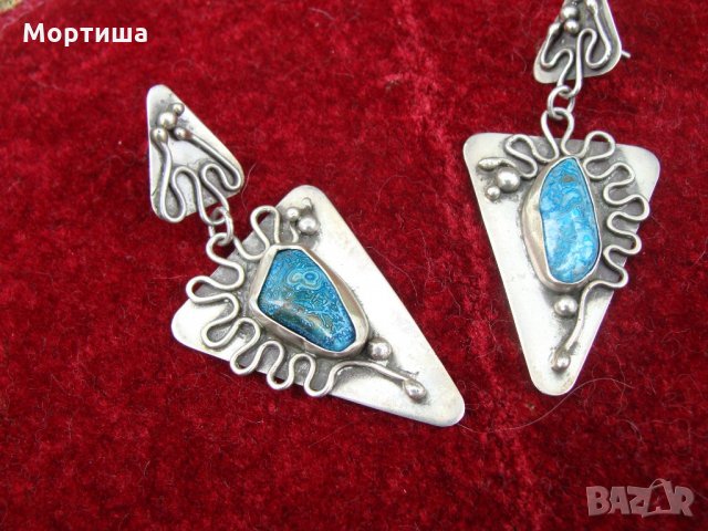  Авторски сребърни обеци с естествен тюркоаз 