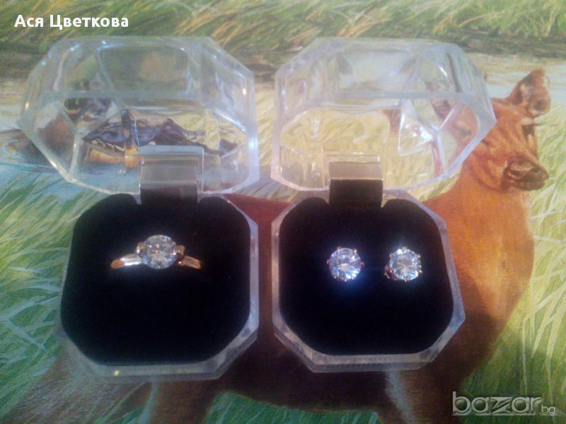 ПРОМО Нов годежен Позлатен с 18к злато дамски Пръстен + обеци с истински австралийски кристал, снимка 1