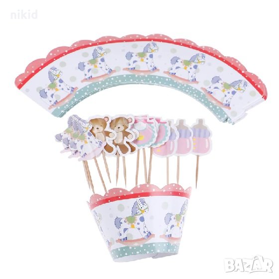 конче мече бебешки 12 бр топери и кошнички украса декорация за мъфини кексчета, снимка 1