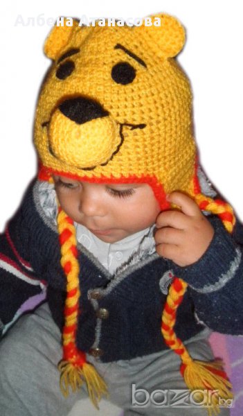 Бебешка шапка Мечо пух, ръчно плетена, снимка 1