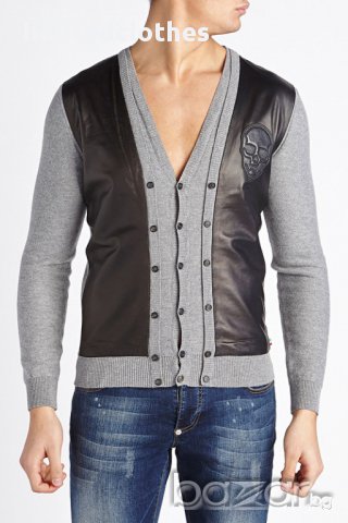 PHILIPP PLEIN GREY LEATHER SKULL Мъжка Жилетка тип Пуловер size M, снимка 2 - Пуловери - 9069376