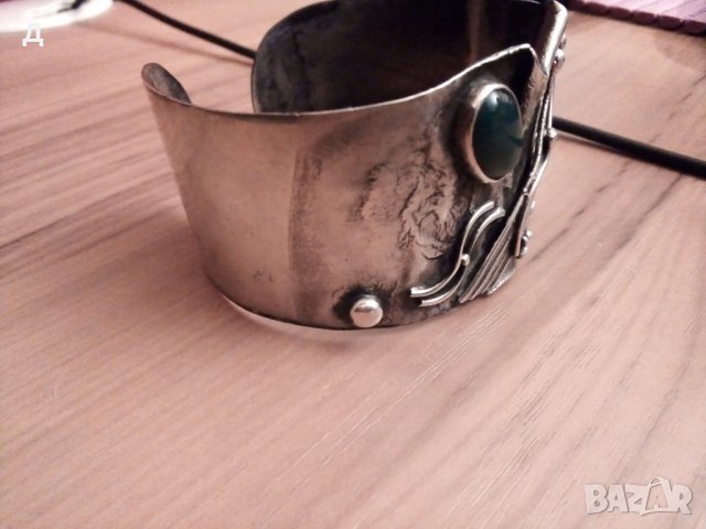  Авторска!Старинна масивна сребърна  дизайнерска гривна с естествен камък, снимка 7 - Гривни - 23349504