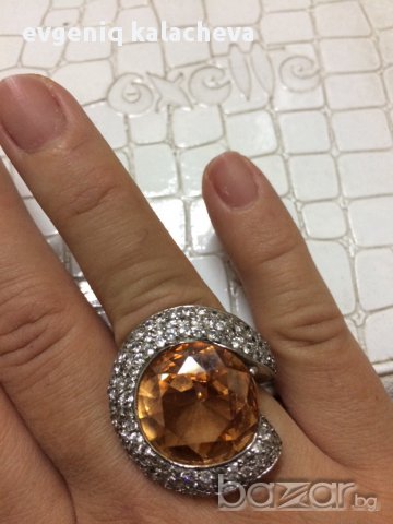 Сребърен пръстен със цирконии и оранжев камък, снимка 8 - Пръстени - 16802237