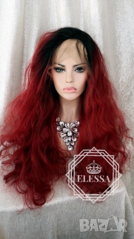 Lace Front LUXYRY WIG ELESSA Дълга Бургундско Червена Омбре Перука Код 1046, снимка 4 - Аксесоари за коса - 25714873