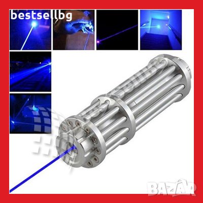 Мощен син акумулаторен лазер 5000mW 5 приставки пука балон запалва клечка кибрит цигара батерии 1634, снимка 2 - Други игри - 24178223