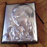 Сребърна икона дева Мария и младенеца-94х74мм с поставка
