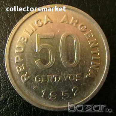 50 центаво 1952, Аржентина, снимка 1 - Нумизматика и бонистика - 15764310