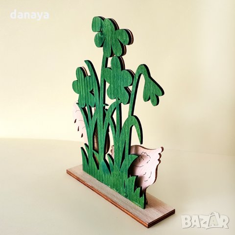 Дървена украса за Великден Петел и кокошка с яйце в градинка, снимка 5 - Декорация за дома - 24607051