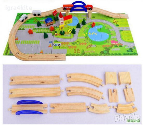 Детски дървен конструктор 40 части с релси, парк, надлез, дървени коли, снимка 8 - Образователни игри - 25036406