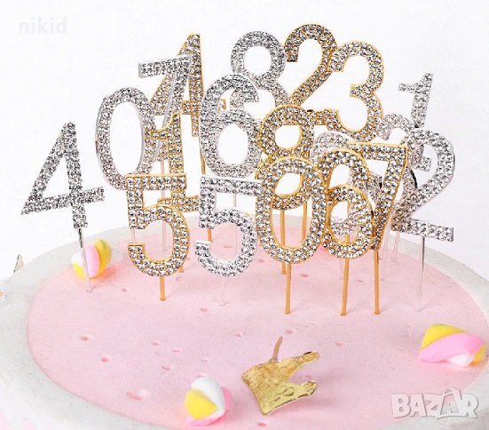 1 бр метална цифра число злато сребро диамантена топер за години украса мъфини кексчета торта декор, снимка 1