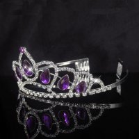 Сребриста с лилави капки камъни корона диадема с камъни детска дамска, снимка 2 - Аксесоари за коса - 24118650