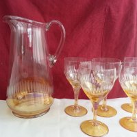 Ретро стъклени чаши за вино кана и чаши перлени и гравирани , снимка 2 - Антикварни и старинни предмети - 20343831