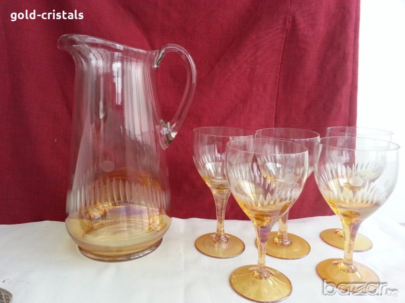 Ретро стъклени чаши за вино кана и чаши перлени и гравирани , снимка 1