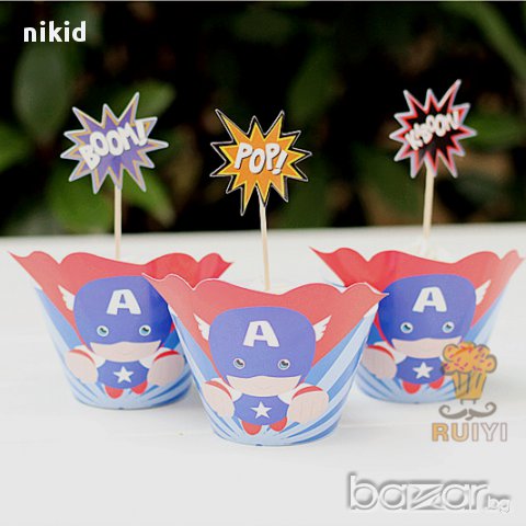 герои Марвел Батман Капитан Америка Отмъстителите Айрън  12 топери и кошнички декорация за мъфини , снимка 2 - Други - 17731029