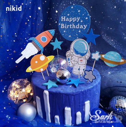 Космонавт Ракета планета Happy Birthday сет топери клечки декор за торта украса парти Рожден Ден