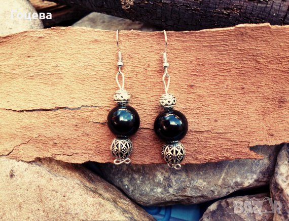 Красиви и много елегантни обеци от Черен Турмалин и сребристи филигрирани мъниста тип Пандора., снимка 1