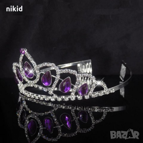 Сребриста с лилави капки камъни корона диадема с камъни детска дамска, снимка 2 - Аксесоари за коса - 24118650
