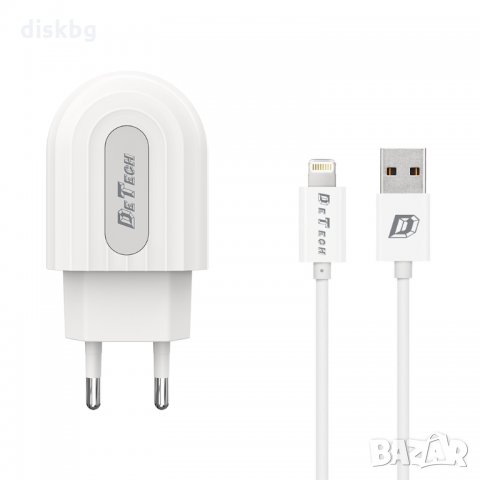 Ново зарядно устройство от 220V на USB, 2.1A DeTech+Кабел Iphone 5/6/7..., снимка 1 - Селфи стикове, аксесоари - 24361749