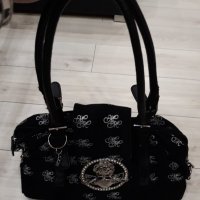 Черна чанта от плат със сребриста тока и надписи , снимка 1 - Чанти - 23626113