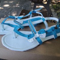 Нови кокетни синьо-бели кожени дамски сандали / летни обувки "Free Sun", естествена кожа, чехли, снимка 2 - Сандали - 18759237
