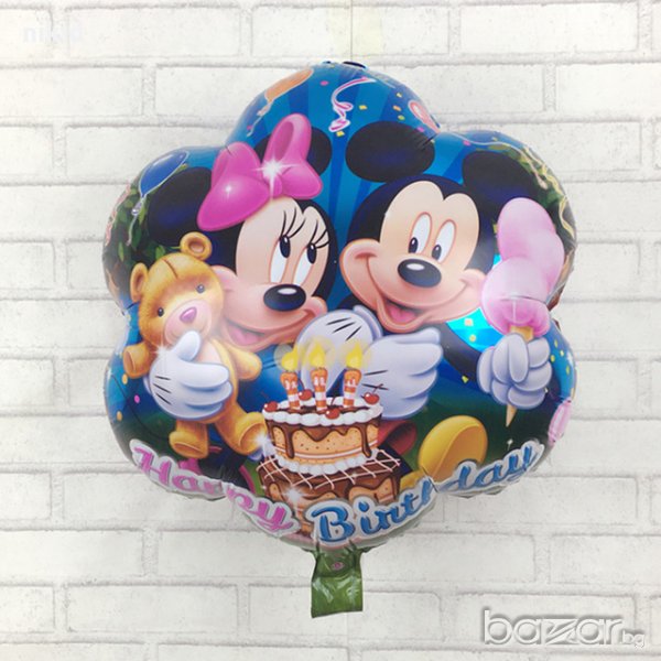 Мики и Мини Маус с мече Happy Birthday кръгъл балон фолио фолиев балон хелий или въздух, снимка 1