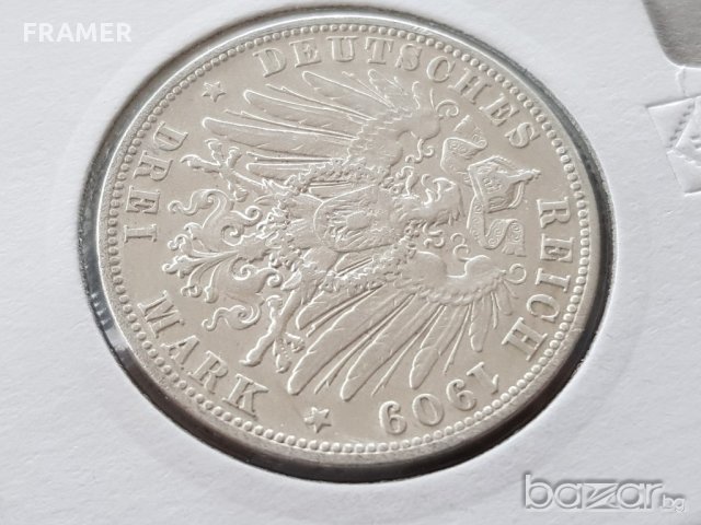 3 марки 1909 F Вюртемберг Германия Рядка Сребърна монета, снимка 3 - Нумизматика и бонистика - 20740368