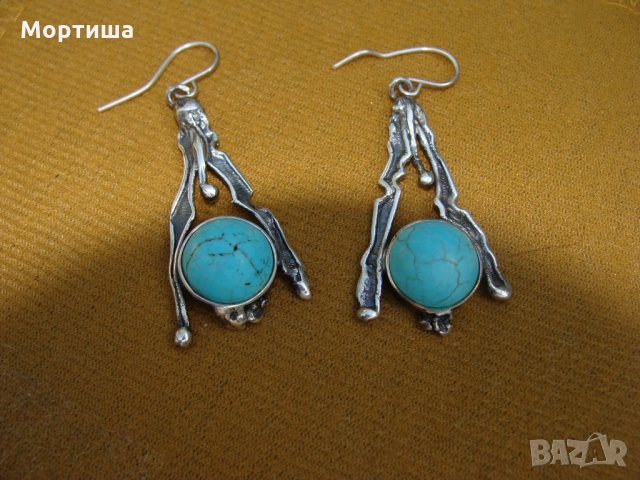  Масивни сребърни авторски обеци с тюркоаз , снимка 2 - Обеци - 20933778