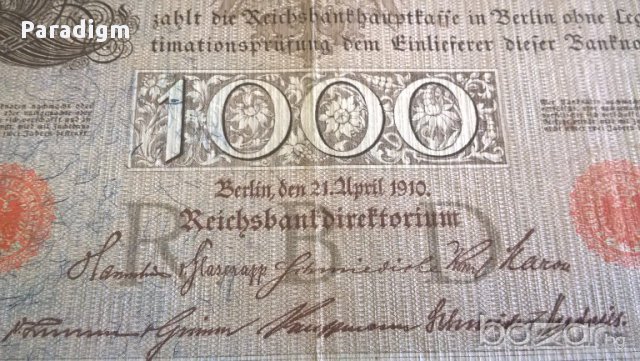 Райх банкнота - Германия - 1000 марки | 1910г., снимка 3 - Нумизматика и бонистика - 17020197
