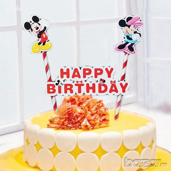 топер червени сламки с Мини Мики маус рожден ден happy birthday украса за торта, снимка 1