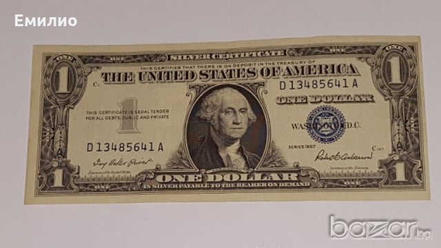 $1 Dollar Silver Certificate 1957.  XF-AU, снимка 3 - Нумизматика и бонистика - 16987797