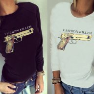 ХИТ! Дамска блуза FASHION KILLER с пистолет принт! Поръчай модел с ТВОЯ идея!, снимка 2 - Блузи с дълъг ръкав и пуловери - 12102043
