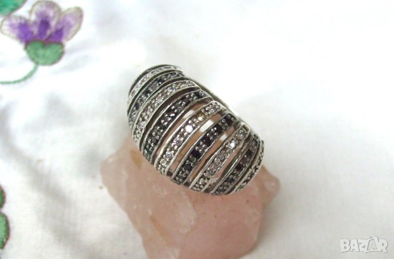 Красив Сребърен Старинен Пръстен с Черни Оникси и Циркони, снимка 1