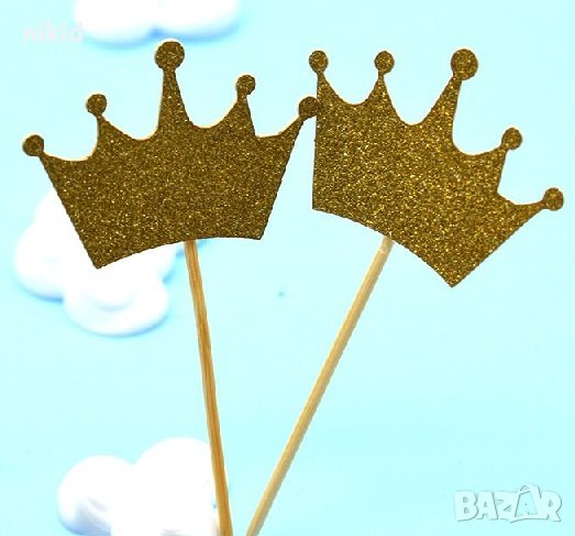 10 бр корона малка златиста брокат картон топер топери клечки декор украса за мъфини кексчета, снимка 1