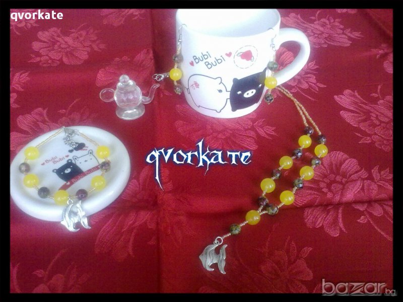 Колие,обеци и гривна с елемент рибка, снимка 1