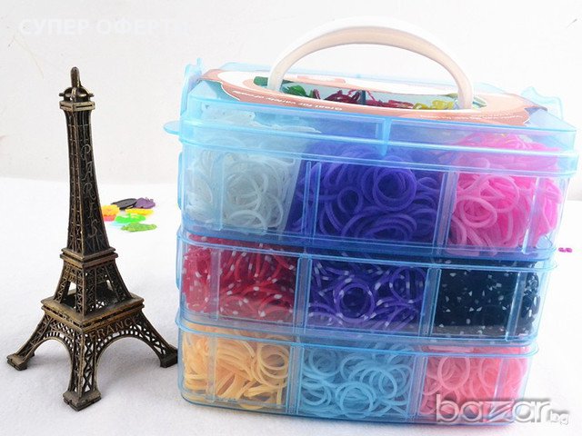 Kомплект XXXL Rainbow Loom Bands куфарче на 3 етажа с 4500 ластичета и пособия за плетене., снимка 1
