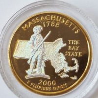 State Quarter GOLDEN PLATED 25 cents 2000-D MASSACHUSETTS 1788 UNC, снимка 1 - Нумизматика и бонистика - 19323457
