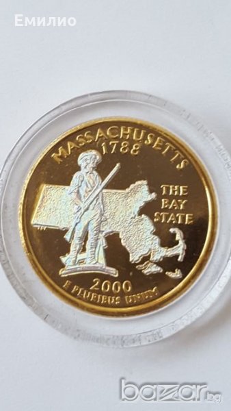 State Quarter GOLDEN PLATED 25 cents 2000-D MASSACHUSETTS 1788 UNC, снимка 1