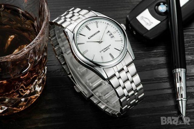 Нов Kingnuos часовник стоманен корпус и верижка дата бял, снимка 2 - Мъжки - 24714322